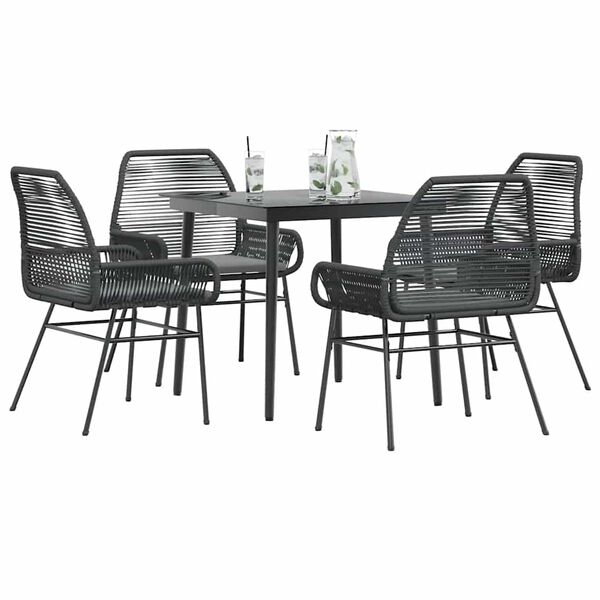 vidaXL 5 Piece Garden Dining Set with Cushions Black Poly Rattan Glass