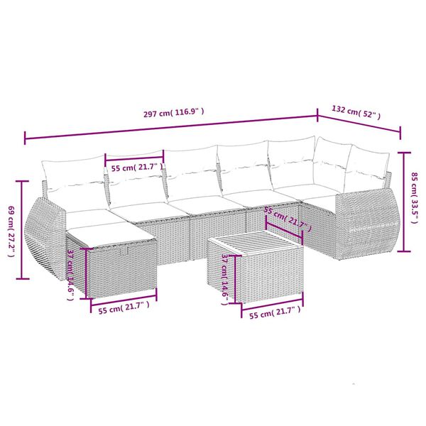 vidaXL 8 Piece Garden Sofa Set with Cushions Grey Poly Rattan