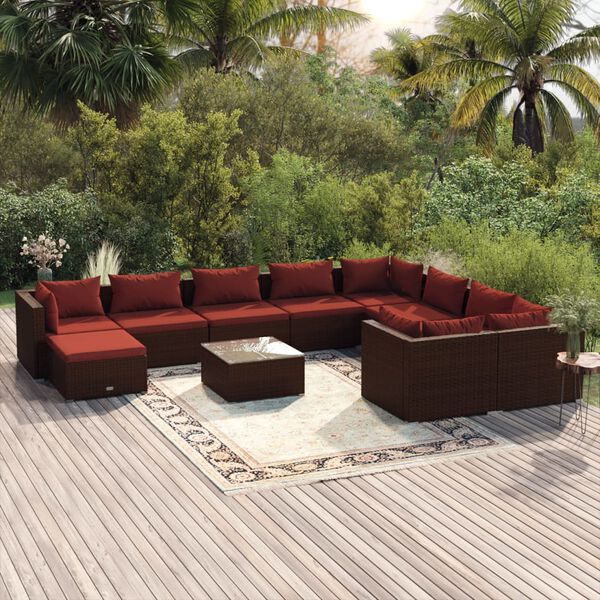 vidaXL 11 Piece Garden Lounge Set with Cushions Poly Rattan Brown