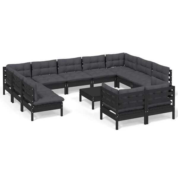 vidaXL 12 Piece Garden Lounge Set with Cushions Black Solid Pinewood