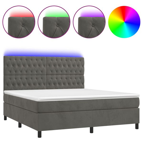 vidaXL Box Spring Bed with Mattress&LED Dark Grey 153x203 cm Queen Size Velvet