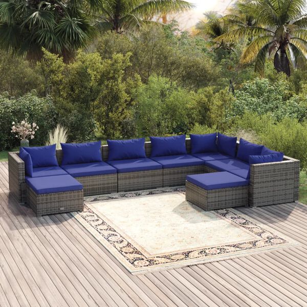 vidaXL 9 Piece Garden Lounge Set with Cushions Poly Rattan Grey