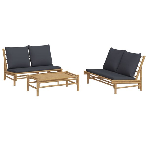 vidaXL 3 Piece Garden Lounge Set with Dark Grey Cushions Bamboo