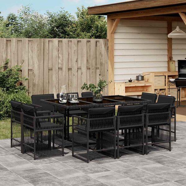 vidaXL 11 Piece Garden Dining Set with Cushions Black Poly Rattan
