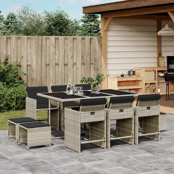 vidaXL 11 Piece Garden Dining Set with Cushions Light Grey Poly Rattan