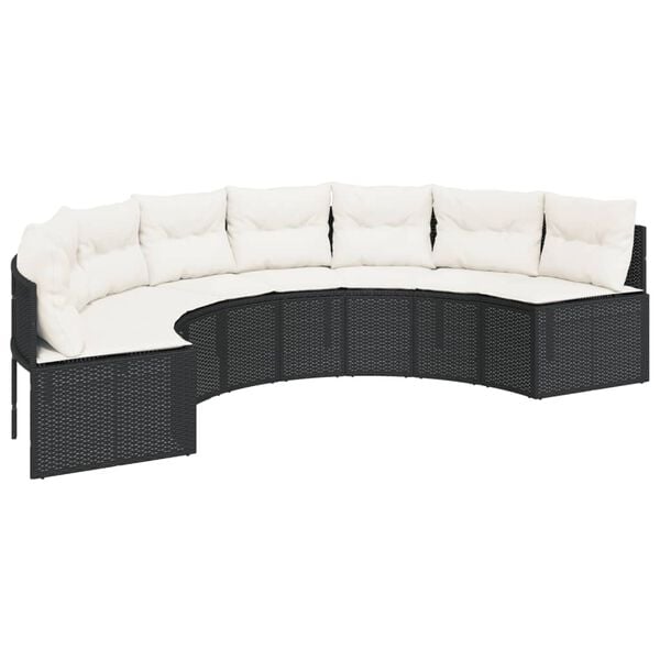 vidaXL Garden Sofa with Table and Cushions Half-Round Black Poly Rattan