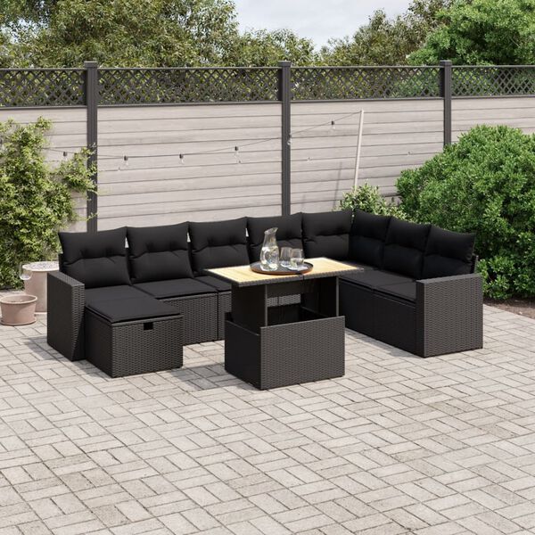 vidaXL 9 Piece Garden Sofa Set with Cushions Black Poly Rattan