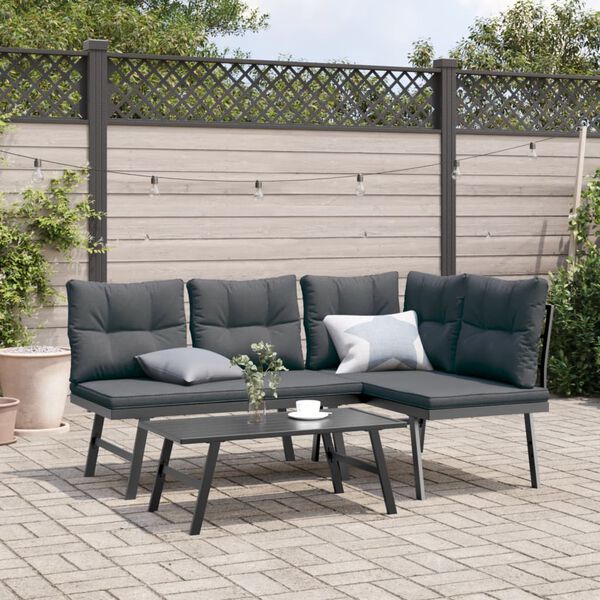 vidaXL 3 Piece Garden Bench Set with Cushions Black Powder-coated Steel