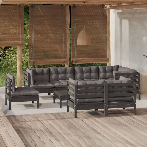 vidaXL 9 Piece Garden Lounge Set with Cushions Black Solid Pinewood