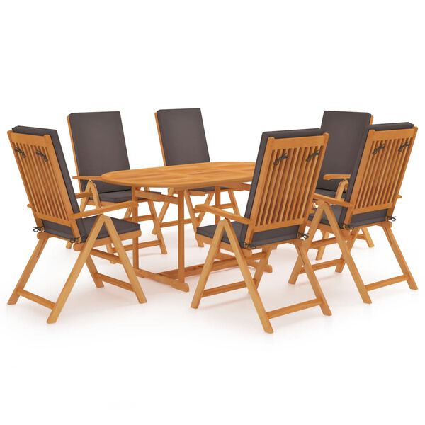 vidaXL 7 Piece Garden Dining Set with Grey Cushions Solid Teak Wood