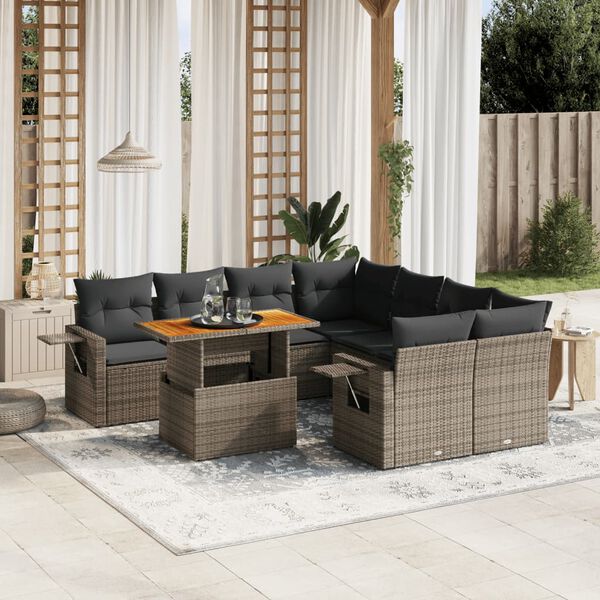 vidaXL 9 Piece Garden Sofa Set with Cushions Grey Poly Rattan