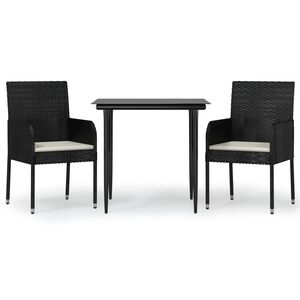 vidaXL 3 Piece Garden Dining Set with Cushions Black Poly Rattan