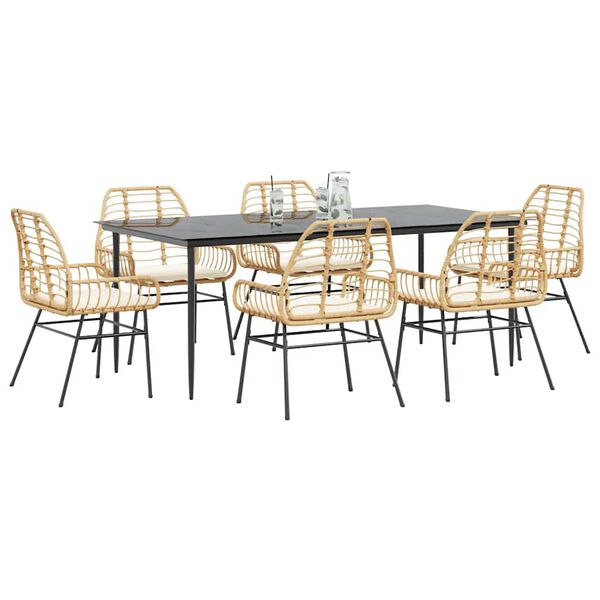 vidaXL 7 Piece Garden Dining Set with Cushions Brown Poly Rattan Glass