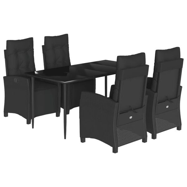 vidaXL 5 Piece Garden Dining Set with Cushions Black Poly Rattan