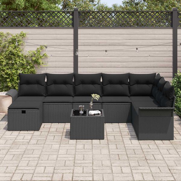 vidaXL Garden Sofa Set with Cushion Manual 9 pcs Black Poly Rattan