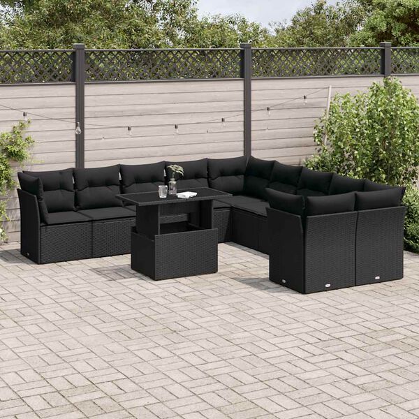 vidaXL 11 Piece Garden Sofa Set with Cushions Black Poly Rattan