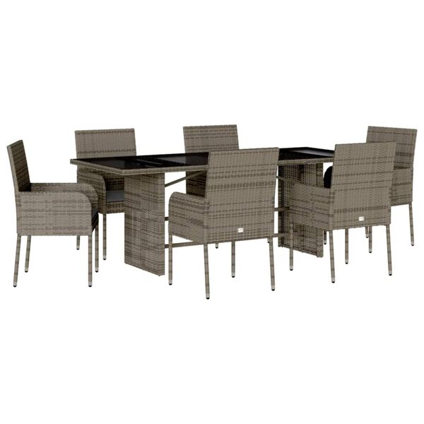 vidaXL 7 Piece Garden Dining Set with Cushions Grey Poly Rattan