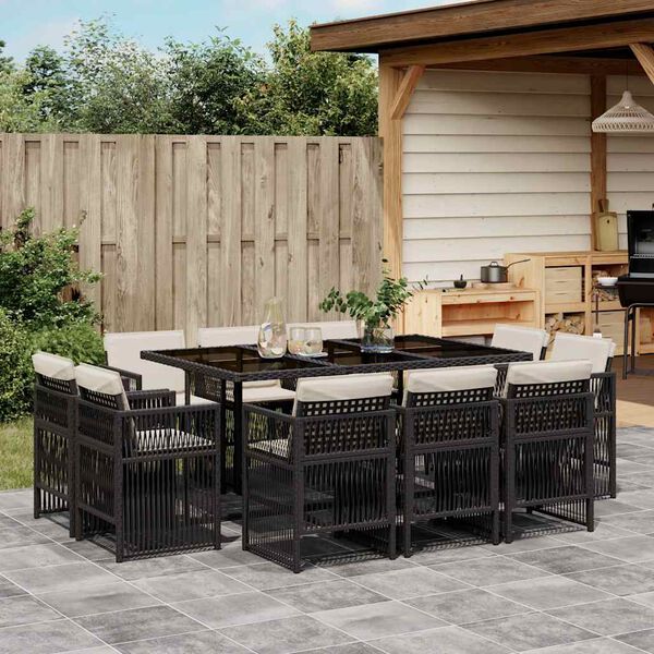 vidaXL 11 Piece Garden Dining Set with Cushions Black Poly Rattan