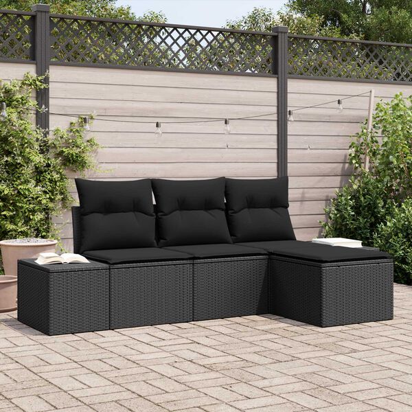 vidaXL Garden Sofa Set with Cushion 4 pcs Black Poly Rattan