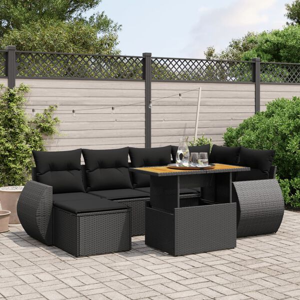 vidaXL 7 Piece Garden Sofa Set with Cushions Black Poly Rattan