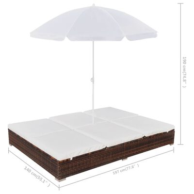 vidaXL Outdoor Lounge Bed with Umbrella Poly Rattan Brown