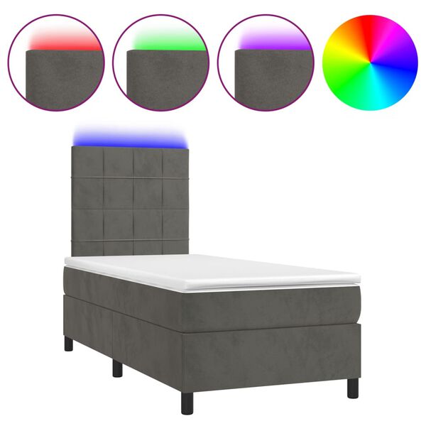 vidaXL Box Spring Bed with Mattress&LED Dark Grey 106x203 cm King Single Size Velvet