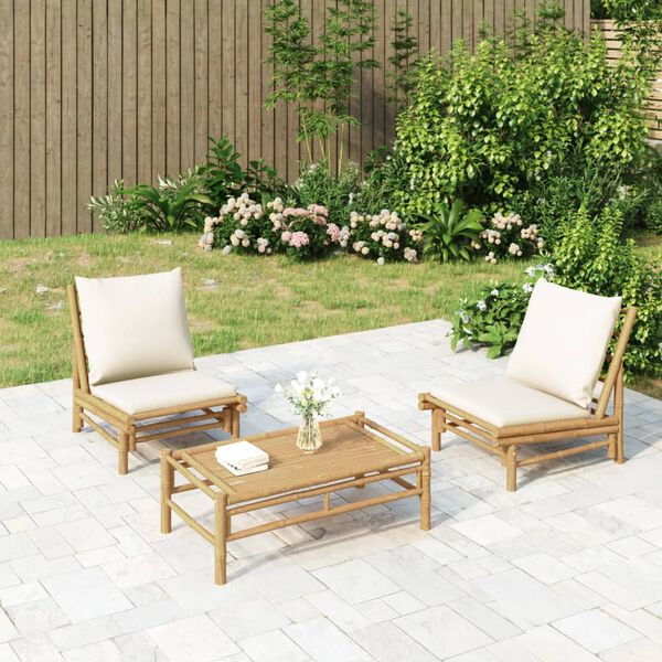 vidaXL 3 Piece Garden Lounge Set with Cream White Cushions Bamboo