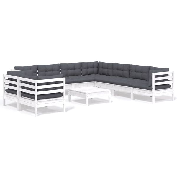 vidaXL 10 Piece Garden Lounge Set with Cushions White Solid Pinewood