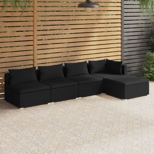 vidaXL 5 Piece Garden Lounge Set with Cushions Poly Rattan Black