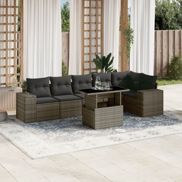 vidaXL 7 Piece Garden Sofa Set with Cushions Grey Poly Rattan