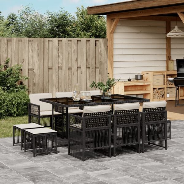 vidaXL 11 Piece Garden Dining Set with Cushions Black Poly Rattan