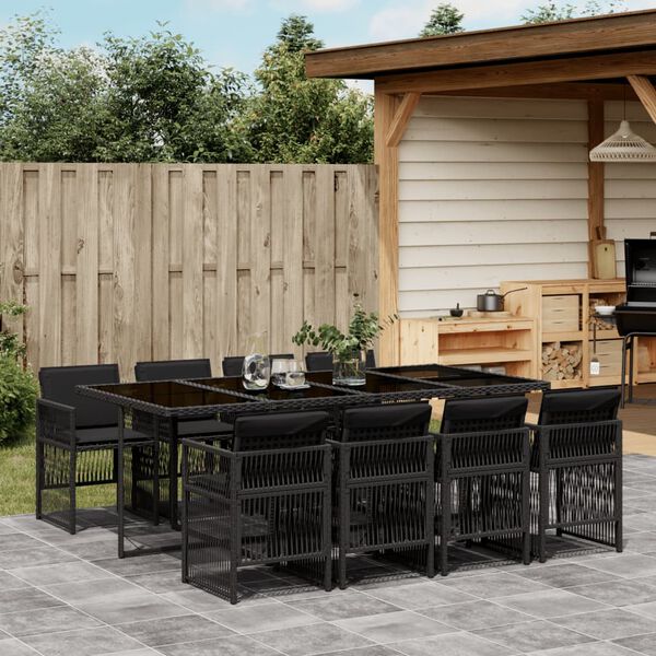 vidaXL 9 Piece Garden Dining Set with Cushions Black Poly Rattan