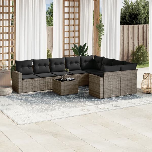 vidaXL 10 Piece Garden Sofa Set with Cushions Grey Poly Rattan