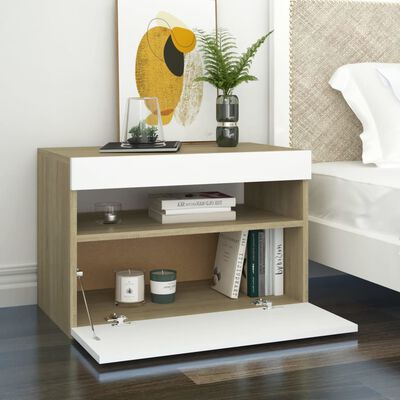 vidaXL Bedside Cabinet & LED Lights 2 pcs White and Sonoma Oak 60x35x40 cm
