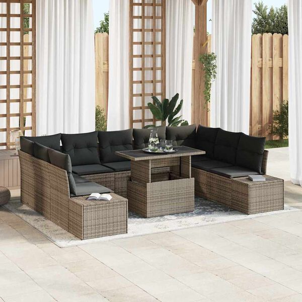 vidaXL Garden Sofa Set with Storage 10 pcs Grey Poly rattan