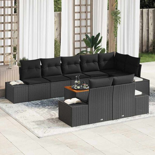 vidaXL Garden Sofa Set with Cushion 9 pcs Black Poly Rattan