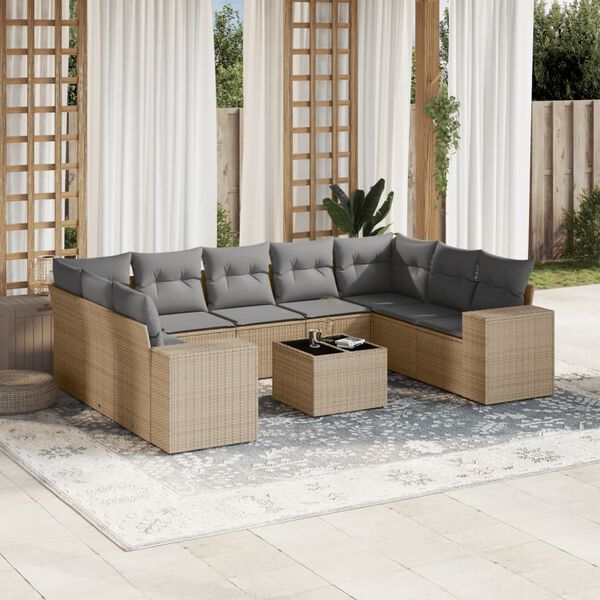 vidaXL 10 Piece Garden Sofa Set with Cushions Beige Poly Rattan