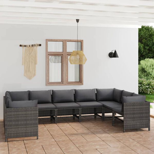 vidaXL 9 Piece Garden Lounge Set with Cushions Poly Rattan Grey