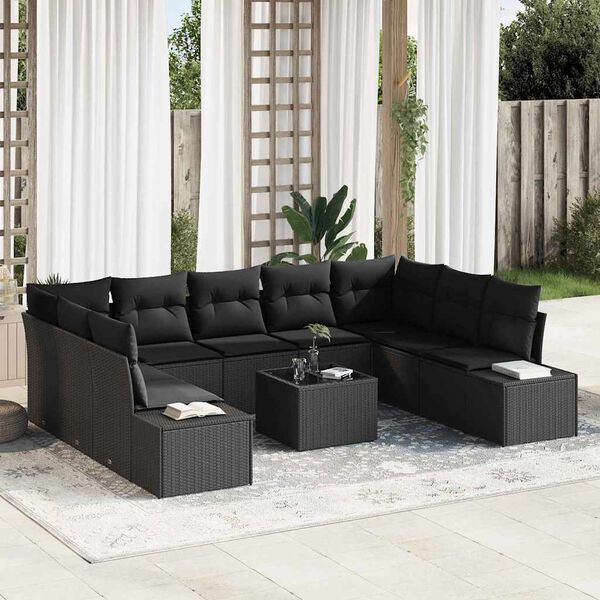 vidaXL Garden Sofa Set with Cushion 9 pcs Black Poly Rattan