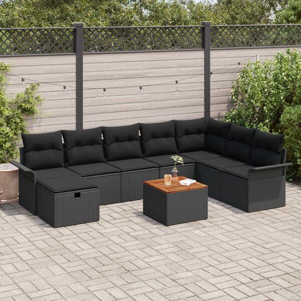 vidaXL Garden Sofa Set with Cushion 9 pcs Black Poly Rattan