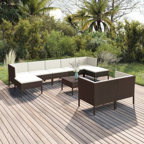 vidaXL 10 Piece Garden Lounge Set with Cushions Poly Rattan Brown