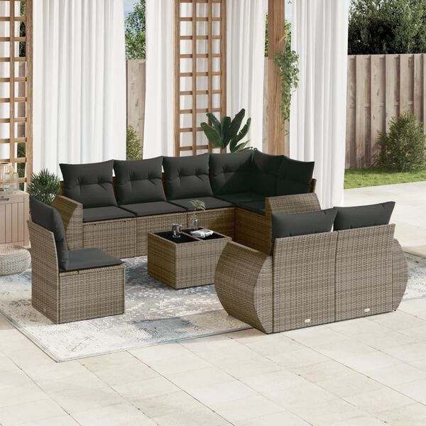 vidaXL 9 Piece Garden Sofa Set with Cushions Grey Poly Rattan