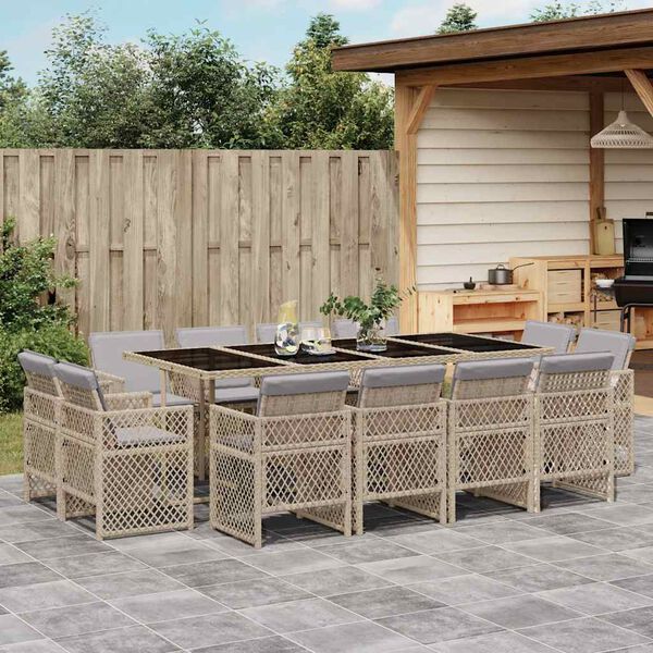 vidaXL 13 Piece Garden Dining Set with Cushions Mix Beige Poly Rattan