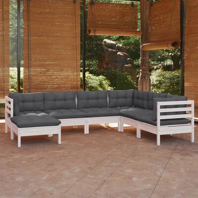 vidaXL 7 Piece Garden Lounge Set with Cushions White Solid Pinewood