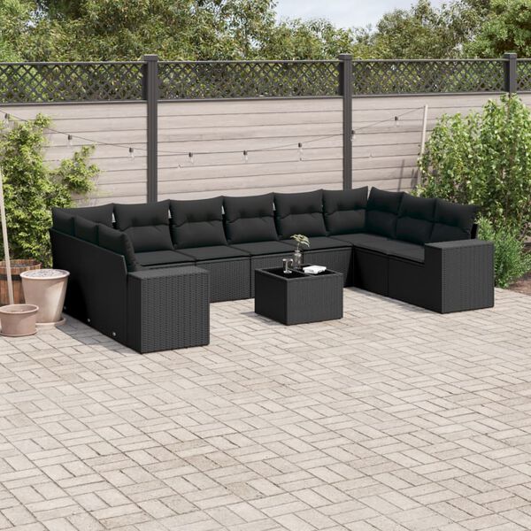 vidaXL 11 Piece Garden Sofa Set with Cushions Black Poly Rattan