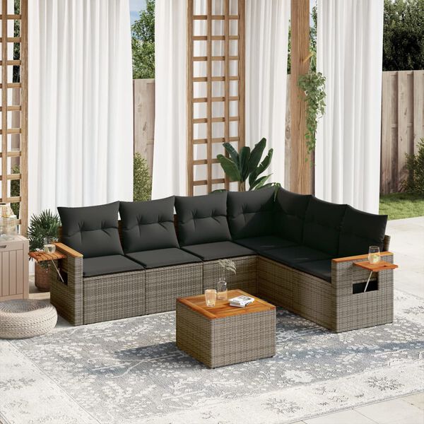 vidaXL 7 Piece Garden Sofa Set with Cushions Grey Poly Rattan
