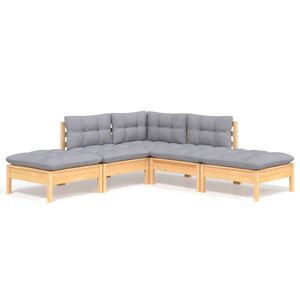 vidaXL 5 Piece Garden Lounge Set with Grey Cushions Pinewood