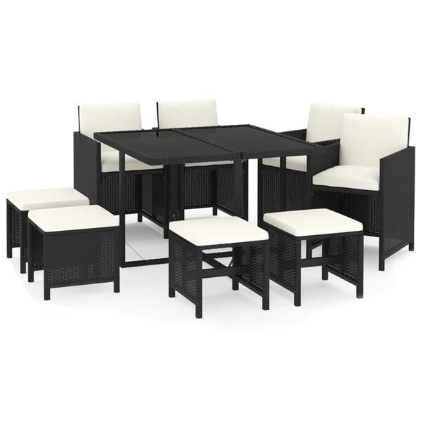vidaXL 9 Piece Garden Dining Set with Cushions Poly Rattan Black