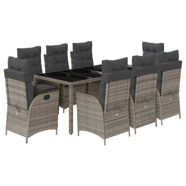 vidaXL 9 Piece Garden Dining Set with Cushions Grey Poly Rattan