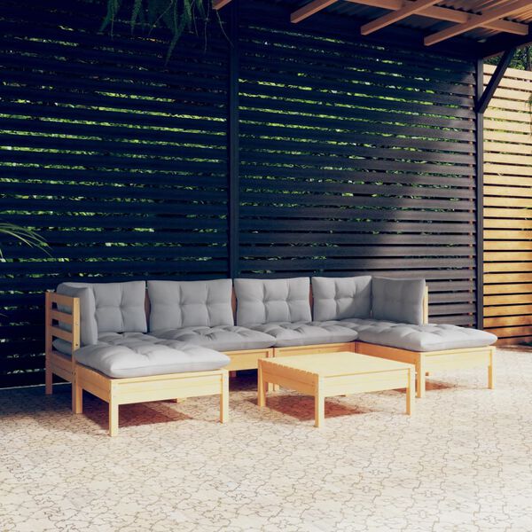 vidaXL 7 Piece Garden Lounge Set with Grey Cushions Pinewood